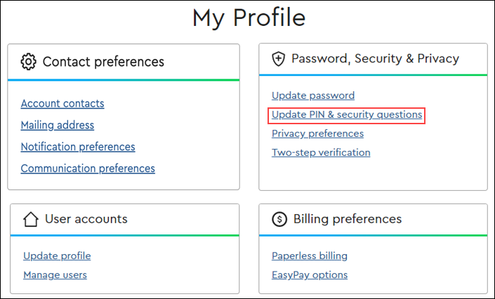 Image of My Profile, Update PIN & Security Questions