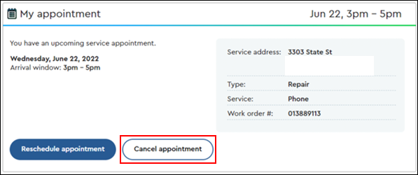 Image of the Service Appointments window, highlighting Cancel Appointment