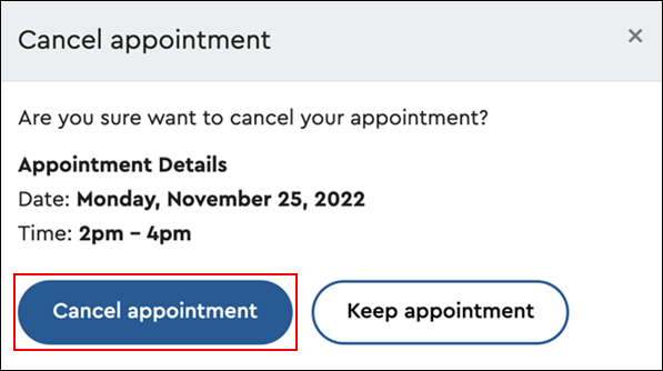 Image of the Cancel Appointment confirmation window