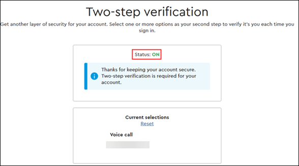 Image of Two-step Verification Status ON