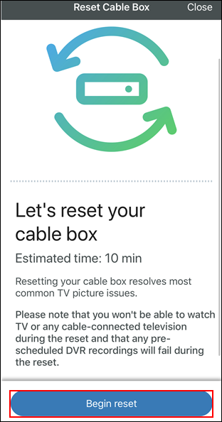 image of the reset cable box screen with begin reset highlighted