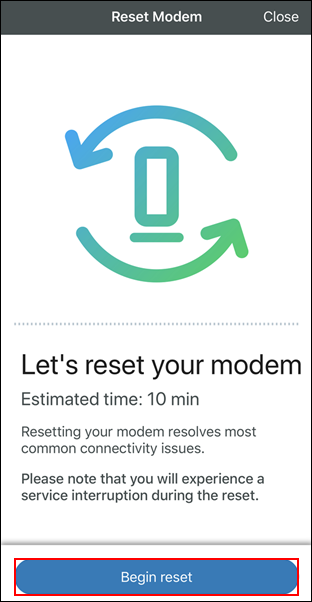 image of reset modem screen with begin reset highlighted
