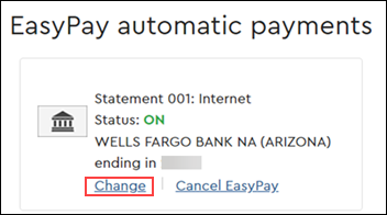 Image of the Payment Options section on Cox.com highlighting the Change Easypay payment method link