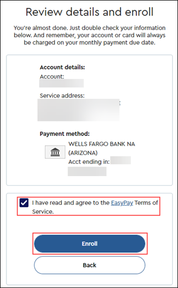 Image of EasyPay enrollment review page on Cox.com highlighting the Enroll button