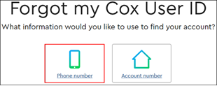 Image of the My Account Forgot my Cox User ID page highlighting Phone number