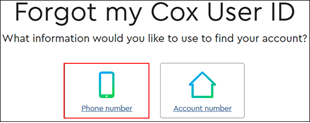 Imagen de la página Olvidé mi ID de usuario de Cox de Mi cuenta en la que se resalta la pestaña Número de teléfono