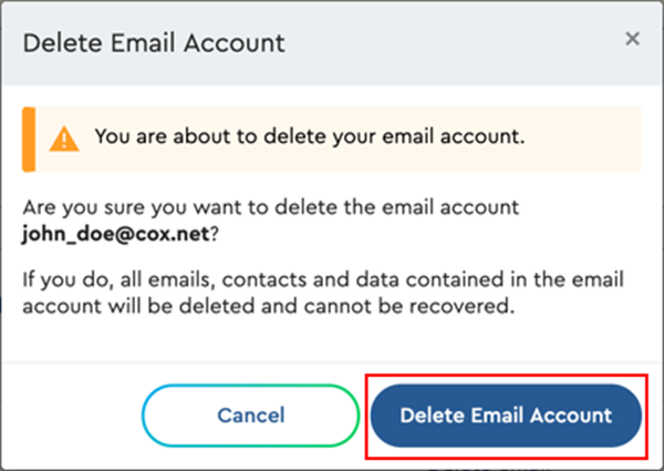 Image of delete email account pop-up