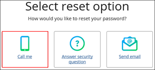 Image of the My Account Select reset option page highlighting Call me
