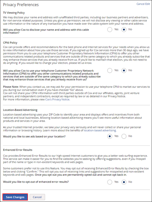 Privacy Settings Options