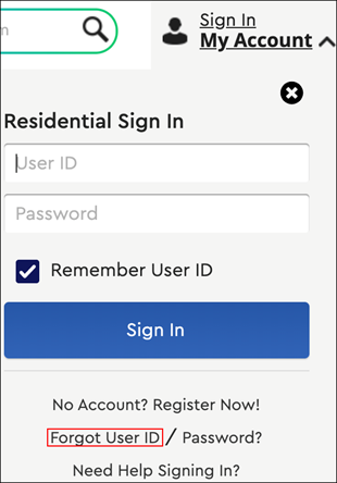 Image of the Cox.com My Account sign in Forgot User ID