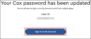 Imagen de la página Tu contraseña Cox fue actualizada de Mi cuenta