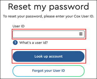 Image of the Cox.com, My Account, Reset my password page