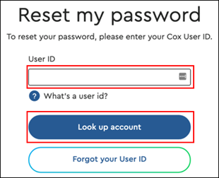 Imagen de la página Restablecer mi contraseña de Mi cuenta de Cox.com