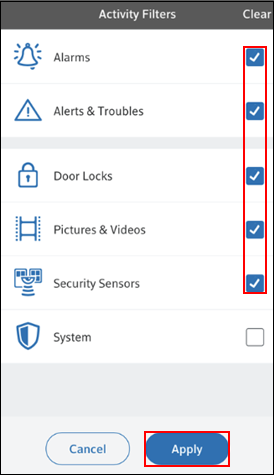 Image of Activity Filters screen