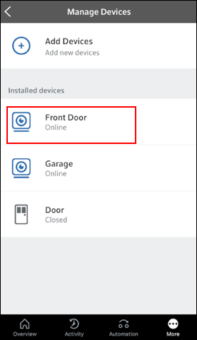 imagen de la pantalla Manage Devices con cámaras