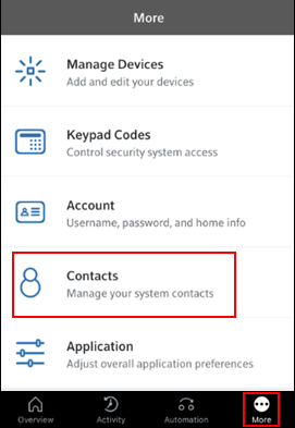 Image of More Menu Contacts selection