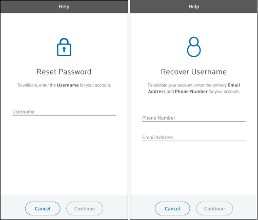 Image of Reset Password and Recover Username screens