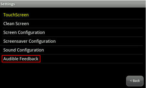 Imagen del menú Touchscreen Settings que resalta la opción de Audible Feedback