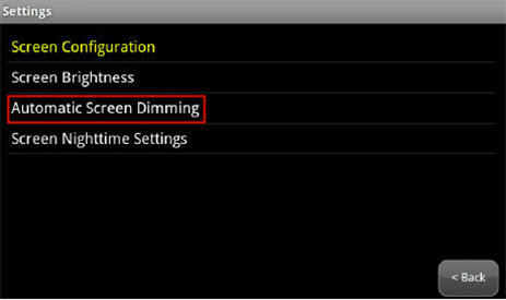 Image of the Screen Configuration menu highlighting the Automatic Screen Dimming option