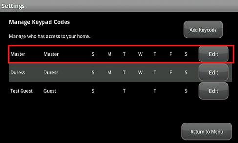 Image of Manage Keybad Code screen highlighting Master Code