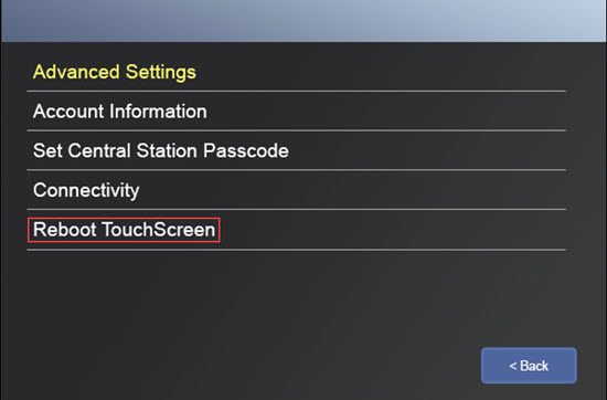 Image of Advanced Settings menu highlighting Reboot Touchscreen