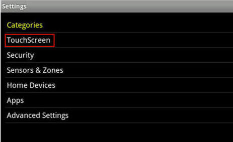 Imagen del menú Settings que resalta la opción de TouchScreen