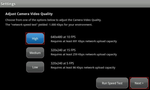 Image of the Adjust Camera Video Quality screen highlighting High