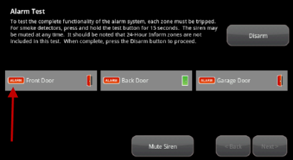 Image of the Alarm Test screem showing a red Alarm