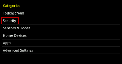 Image of the Settings screen highlighting Security