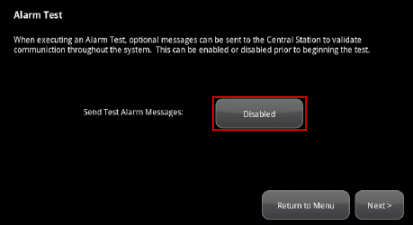 Image of the Alarm Test screen