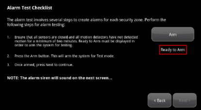 Image of the Alarm Test Checklist highlihgting Ready to Arm
