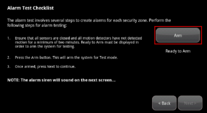 Image of the Alarm Test Checklist highlihgting Arm