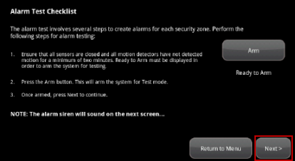 Image of the Alarm Test Checklist highlihgting Next