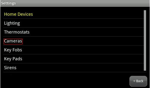 Imagen del menú Home Devices Settings que resalta Cameras