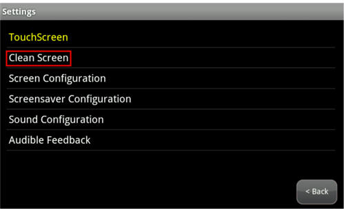 Image of the Touchscreen Settings highlighting the Clean Screen option