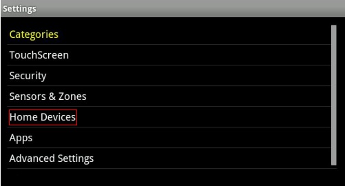 Image of the Setting section highlighting the Homme Devices option