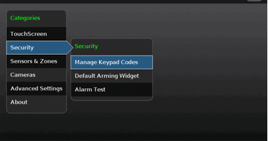 Image of Touschscreen Security Settings menu showing Manage Keypad Codes