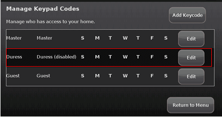 Image of the Manage Keypad Codes