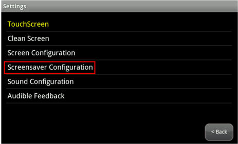 Image of the Touchscreen Settings menu highlighting the Screensaver Configuration option