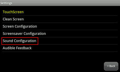 Image of the Touchscreen Settings screen highlighting Sound Configuration