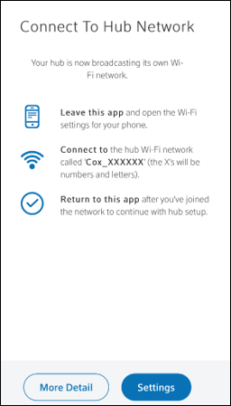 Image of Connect to Hub Network screen