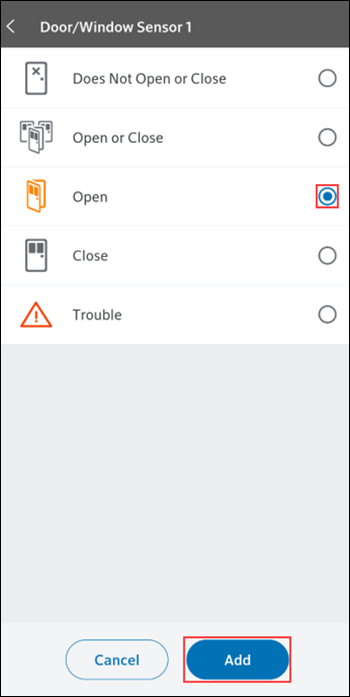 Image of the Homelife moble app Door/Window Sensor screen highlighting Open and Add