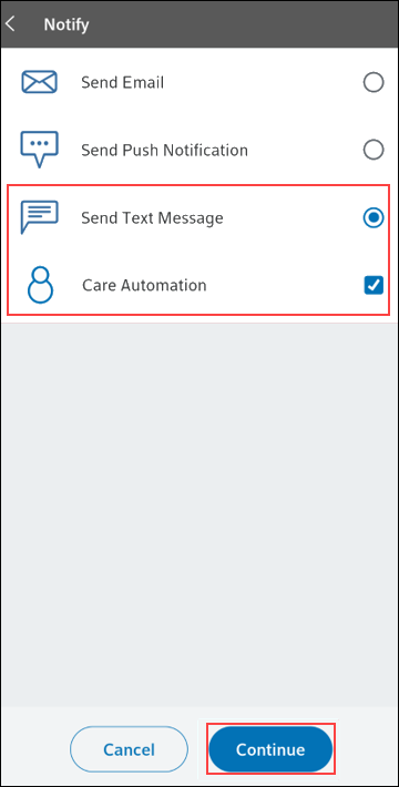 Image of the Homelife moble app Notify screen highlighting Send Text message and Continue