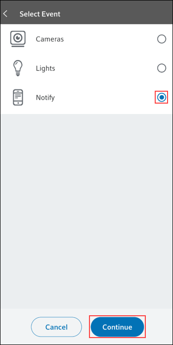 Image of the Homelife moble app Select Event screen highlighting Notify and Continue