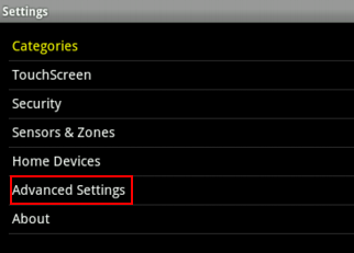 image of the Homelife Touchscreen home Security Settings menue highlihgtinh Advanced Settings 