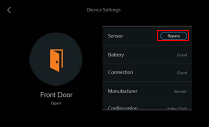 image of the Homelife Touchscreen Device Settings screen highlihgting Bypass