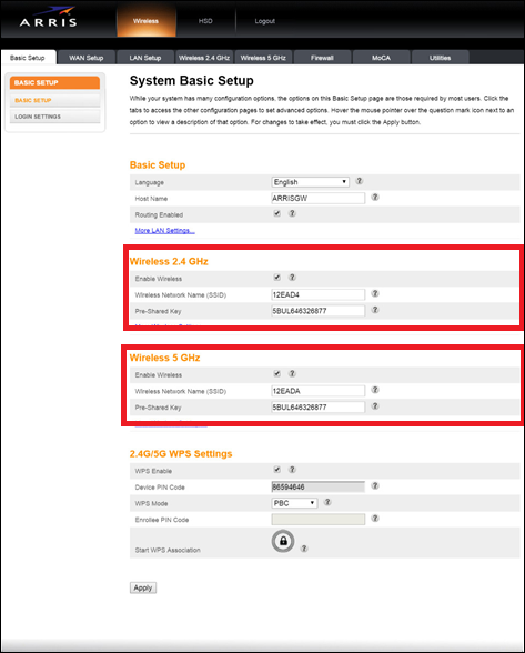 Imagen de la página "Basic Setup" de Arris