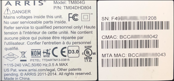 Image of Arris TM804 MAC Address