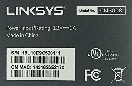 MAC Address of Linksys CM3008 modem