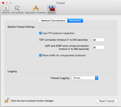 Función de configuraciones avanzadas dentro del Firewall de Mac